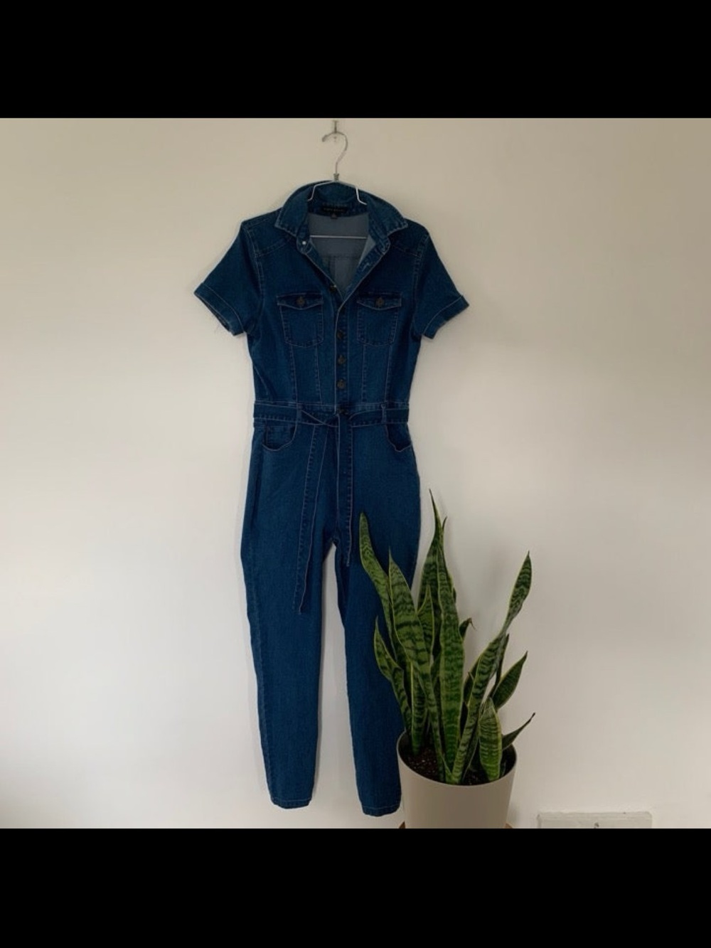 HAUTE MONDE Denim Short-Sleeve Jumpsuit in Dark Blue